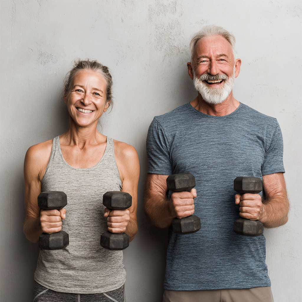 Активний чоловік 55 років під час пробного тренування з персональним тренером, виконує базові вправи з правильною технікою