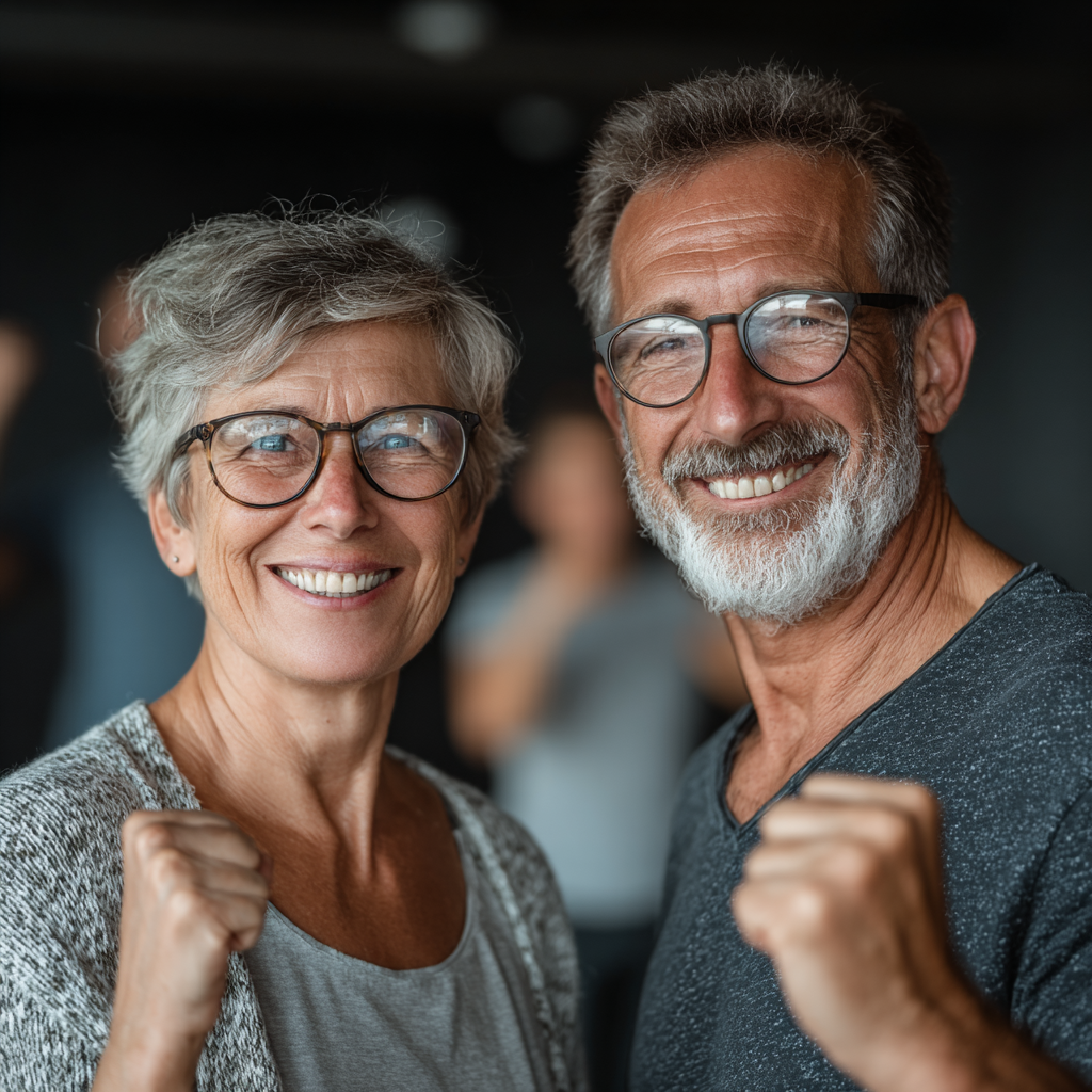 Активні чоловік та жінка 50-60 років під час силового тренування з гантелями, усміхаючись та демонструючи відмінну фізичну форму